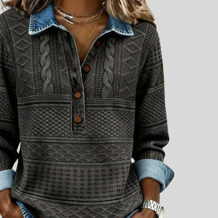 Velmora™ - Textured Knit Button-Collar Top