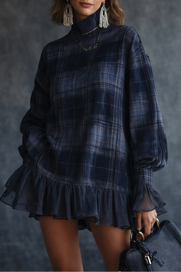 Judith | Plaid Turtleneck Ruffle Mini Dress