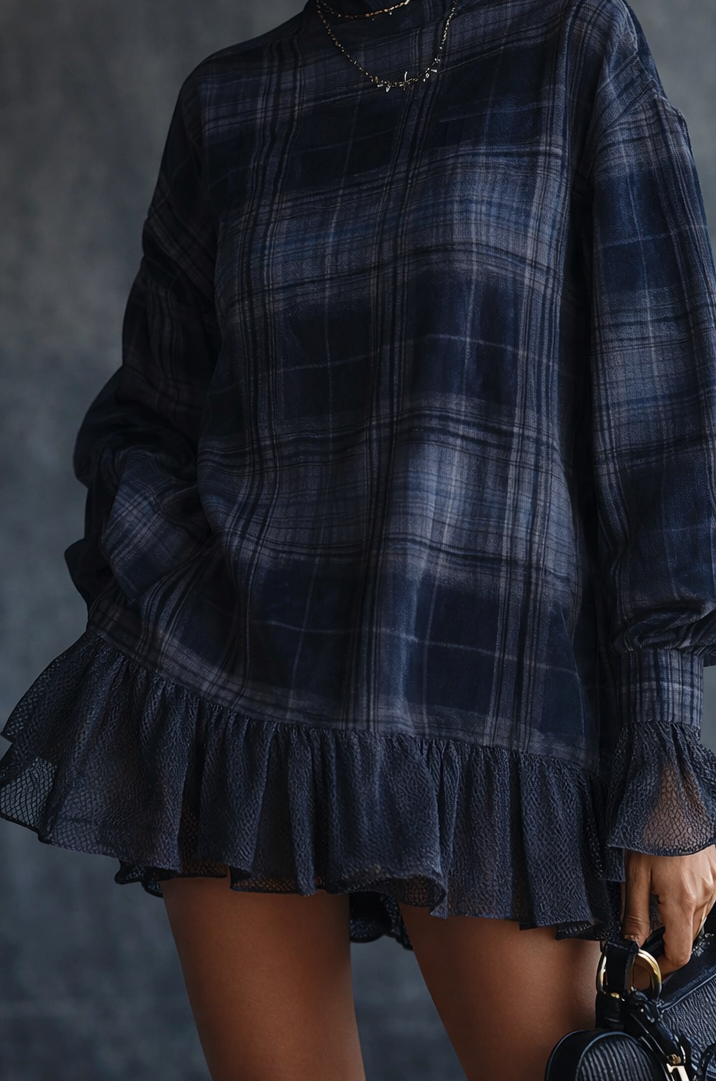 Judith | Plaid Turtleneck Ruffle Mini Dress