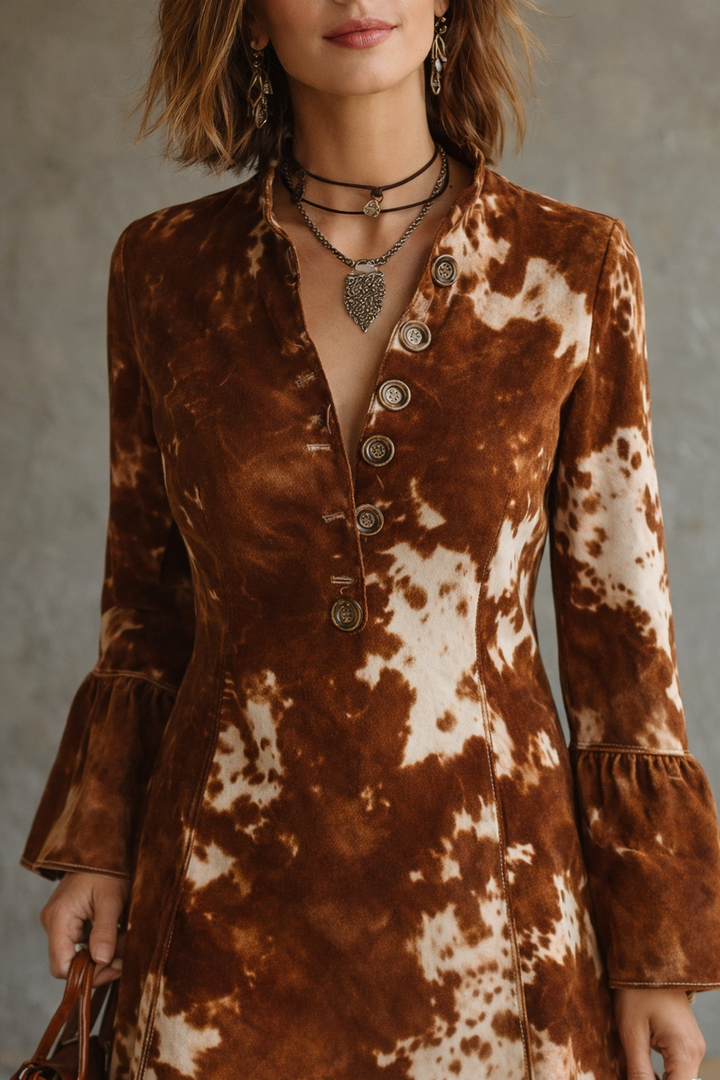 MARGARET| Button-Front Flared Sleeve Retro Dress