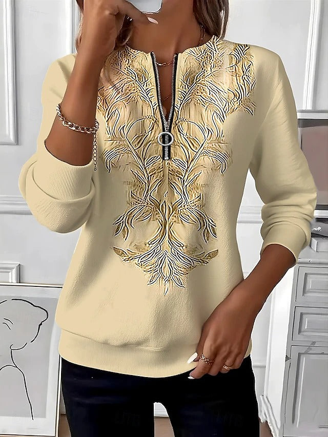 Helen | Elegant Half-Zip Embroidered Top