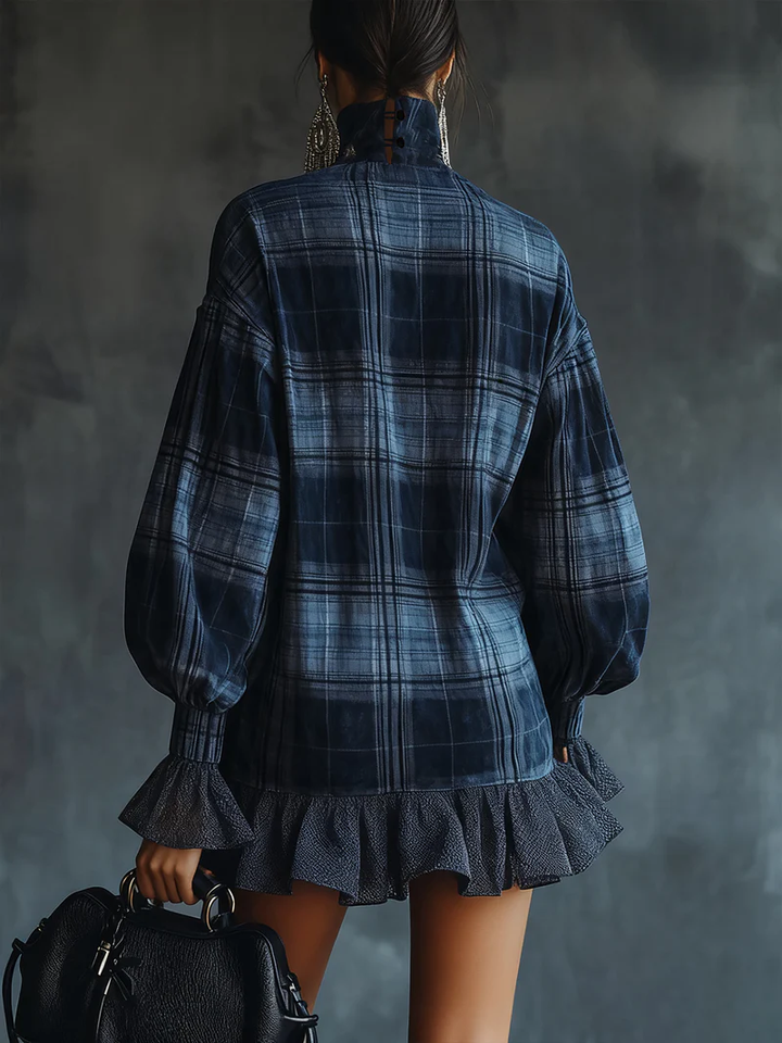 Judith | Plaid Turtleneck Ruffle Mini Dress
